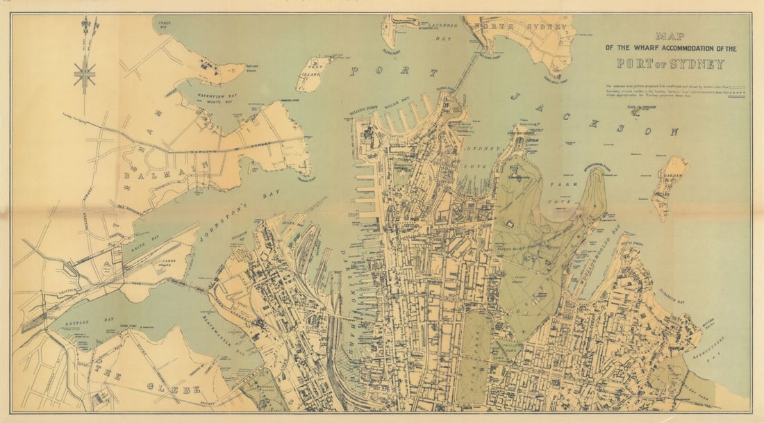 Map of the Wharf Accommodation of the Port of Sydney. Harbour Commissioners 1924: Map of the Wharf Accommodation of the Port of Sydney' by Sydney Harbour Trust Commissioners. Published 1924 - Published in 1924 but the map was drawn earlier than this as the harbour Bridge is shown a
