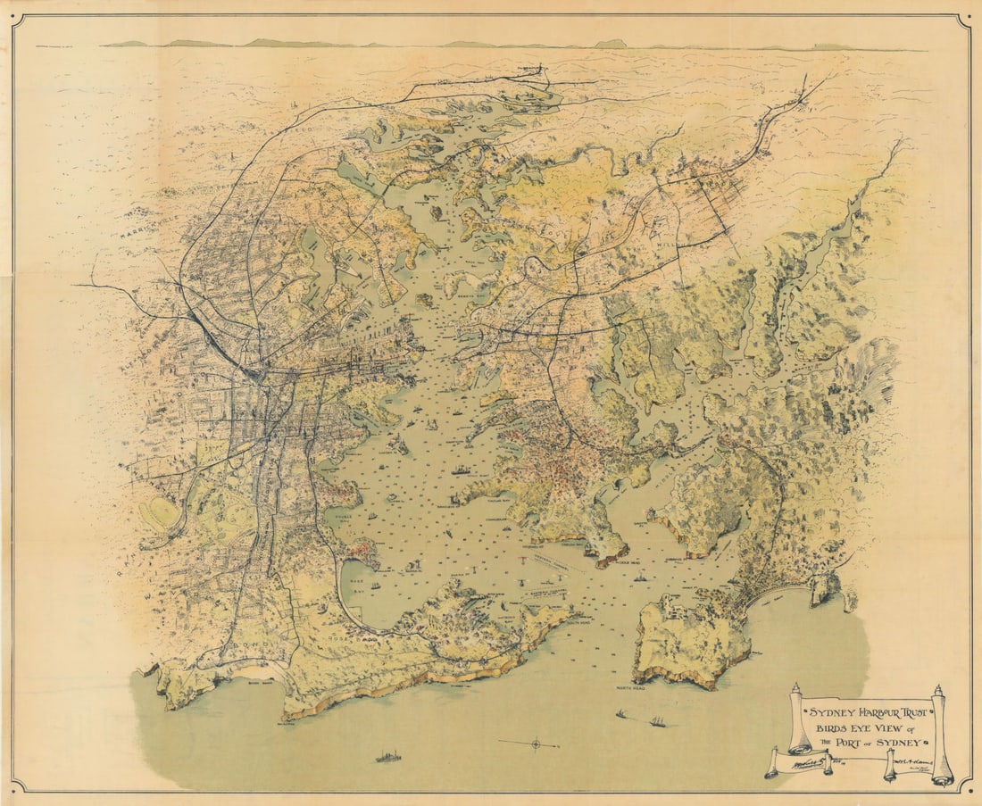 Bird's Eye View of the Port of Sydney. 77x63cm. Harbour Trust 1919 (1924) map (1 of 1)