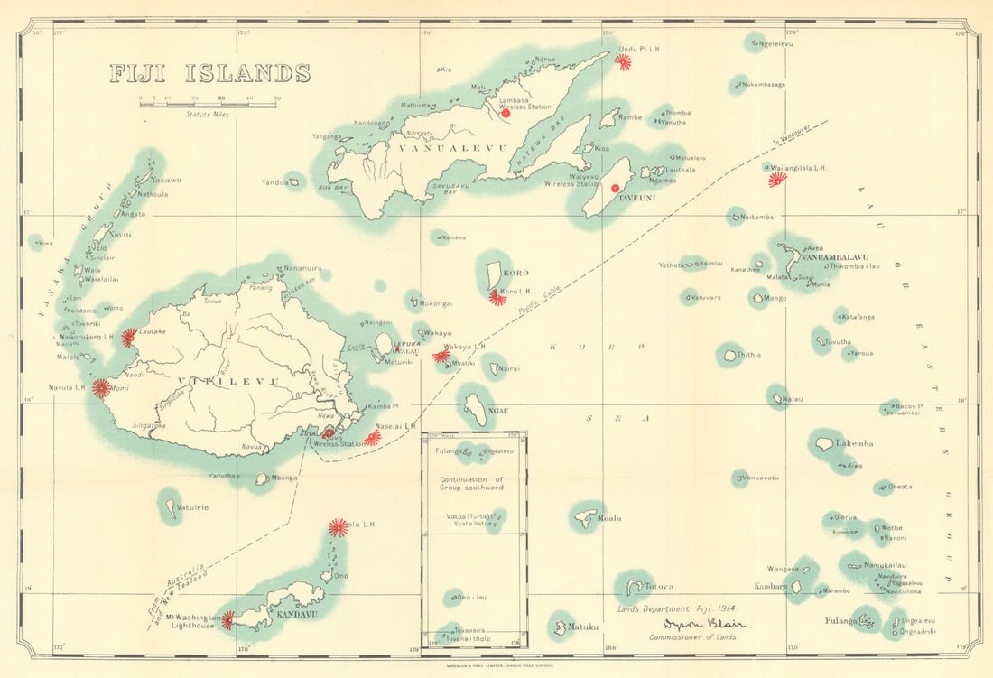 Fiji Islands showing wireless stations & lighthouses by Dyson Blair 1938 map: Fiji Islands'. Dyson Blair, Commissioner of Lands. Printed by Waterlow & Sons Ltd., London Wall, London. Published 1915 (1938). Antique colour map. Size 27 x 39 cm | 10.5 x 15.5 inches. Condition: