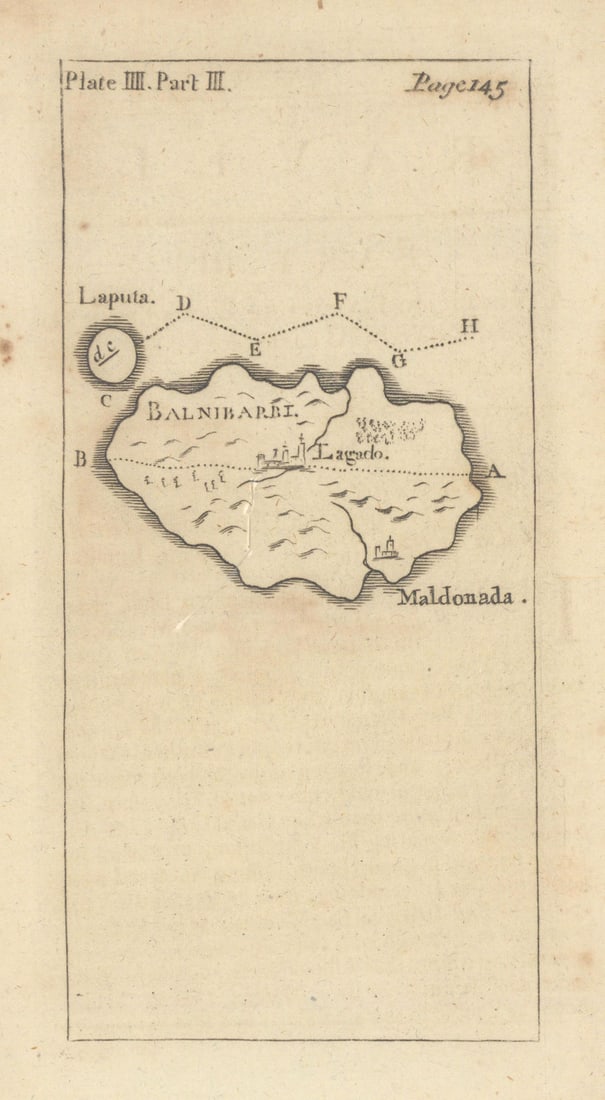 Balnibarbi & Laputa flying island. Jonathan Swift. Gulliver's Travels 1751 map: Laputa & Balnibarbi [Gulliver's Travels]. One of the earliest fantasy maps ever published depicts Balnibarbi and the track of the flying island of Laputa, featured in the third part of Jonathan