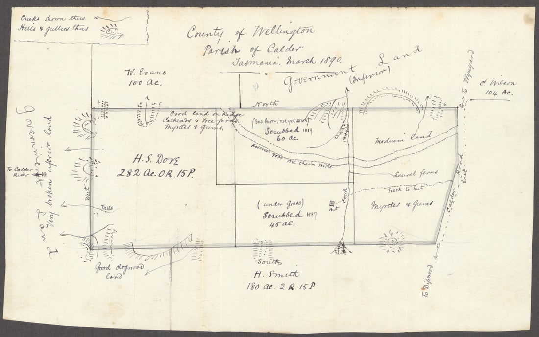 Manuscript land claims map. Calder, Wellington County, Tasmania 1890 old: [Part of] County of Wellington, Parish of Calder, Tasmania by Anonymous. Published March 1890. Manuscript land claims map. Size 32 x 20 cm | 12.5 x 8.0 inches. Condition: Good; suitable for framing.