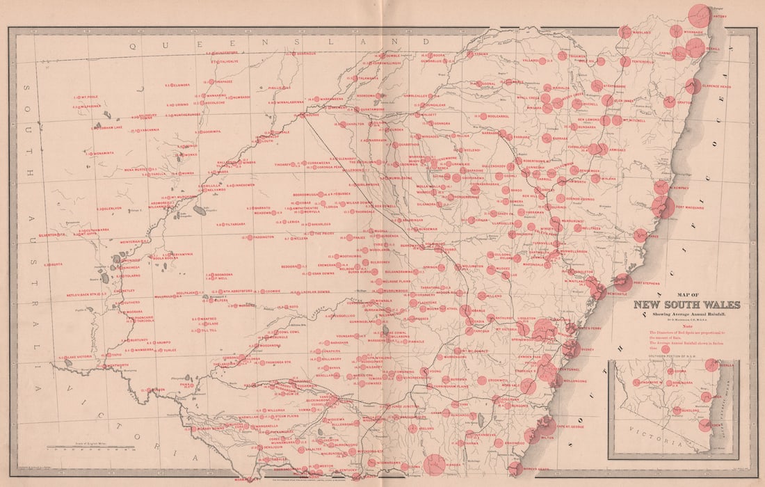 NEW SOUTH WALES with average annual rainfall. BIG.Australia. MACDONALD 1888 map: Map of New South Wales. Showing average annual rainfall'. Cartography by D Macdonald, CE, MGSA for Andrew Garran's Picturesque Atlas Publishing Co (Limited), Sydney & Melbourne. Drawn by AJ Scally.