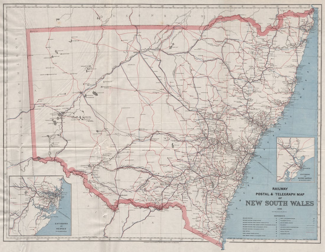 NEW SOUTH WALES. Railway Post Telegraph routes offices 1886. MACDONALD 1888 map (1 of 1)