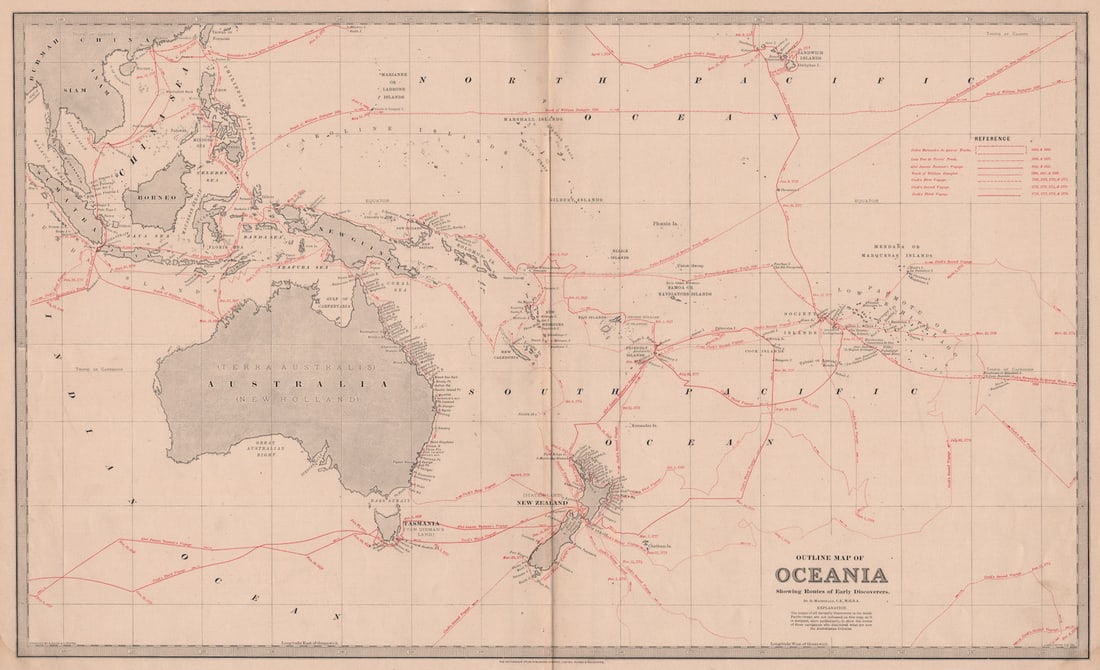 OCEANIA w/ explorers routes. Cook Tasman Torres Quiros.LARGE.MACDONALD 1888 map: Outline Map of Oceania showing routes of early discoverers'. Cartography by D Macdonald, CE, MGSA for Andrew Garran's Picturesque Atlas Publishing Co (Limited), Sydney & Melbourne. Drawn by LJ