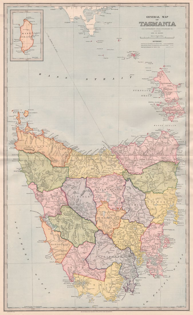 Large map of TASMANIA. Counties. Railways in use/UC/planned. GARRAN 1888 (1 of 1)