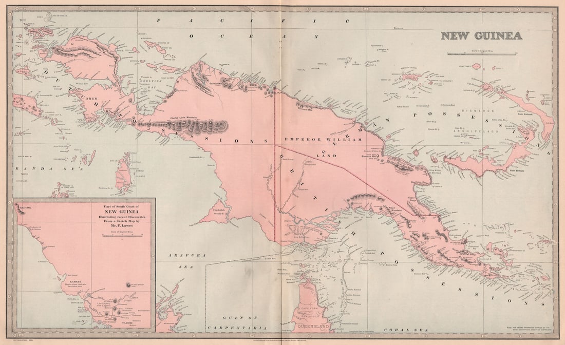 Large NEW GUINEA map reflecting 1885 RGSA/Lawes expedition for GARRAN 1888 (1 of 1)