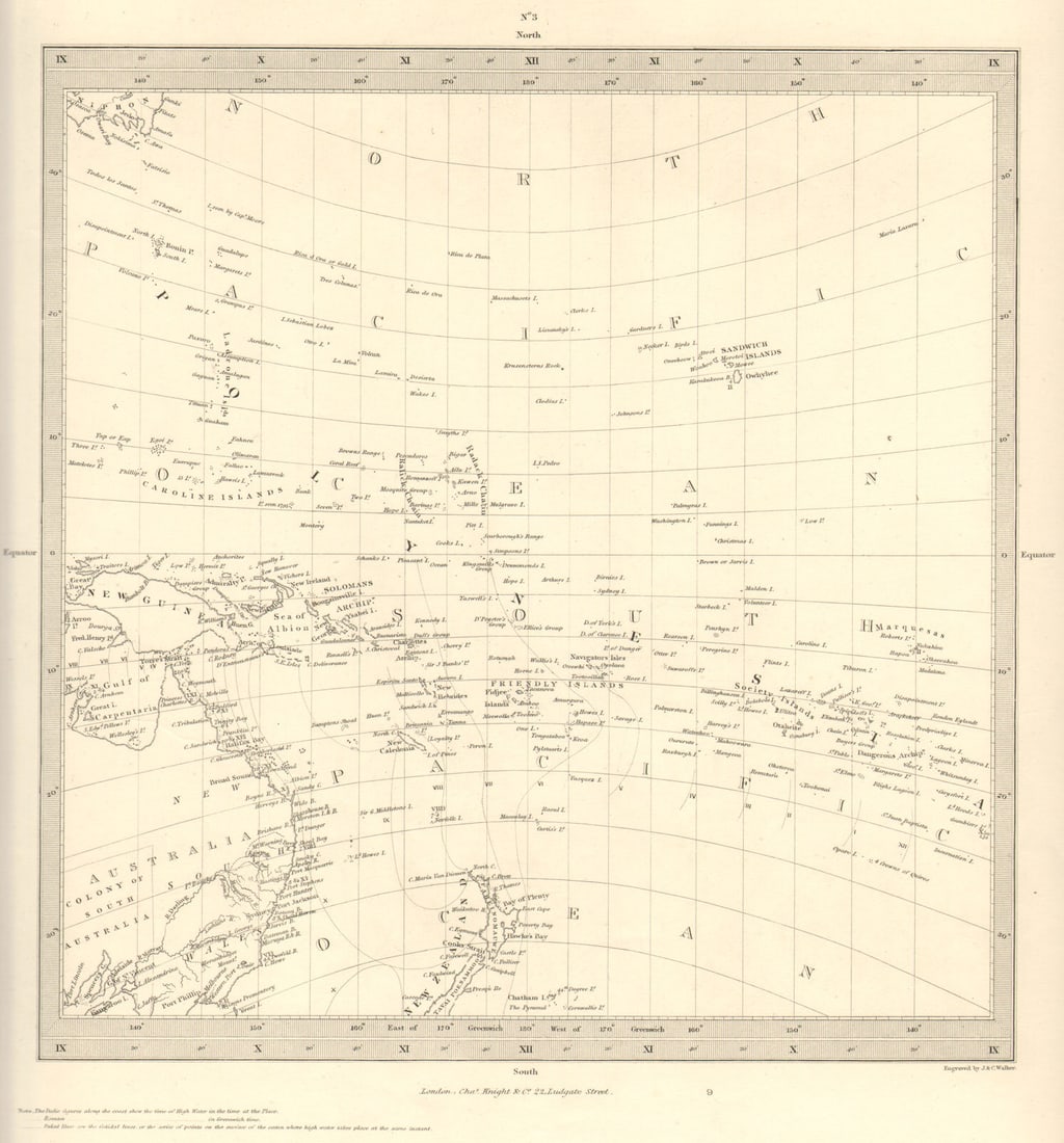 AUSTRALASIA POLYNESIA PACIFIC OCEAN. On Gnomonic Projection. SDUK 1848 old map: WORLD ON GNOMONIC PROJECTION, III., Polynesia' by S.D.U.K. - Society for the Diffusion of Useful Knowledge. Published 1848. Antique steel engraved map. Size 31 x 29 cm | 12.0 x 11.0 inches. Condition: