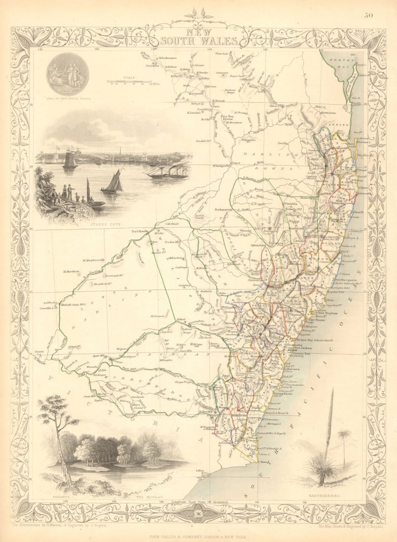 NEW SOUTH WALES. w/ Mitchell/Leichhardt explorers routes.TALLIS/RAPKIN 1851 map (1 of 1)