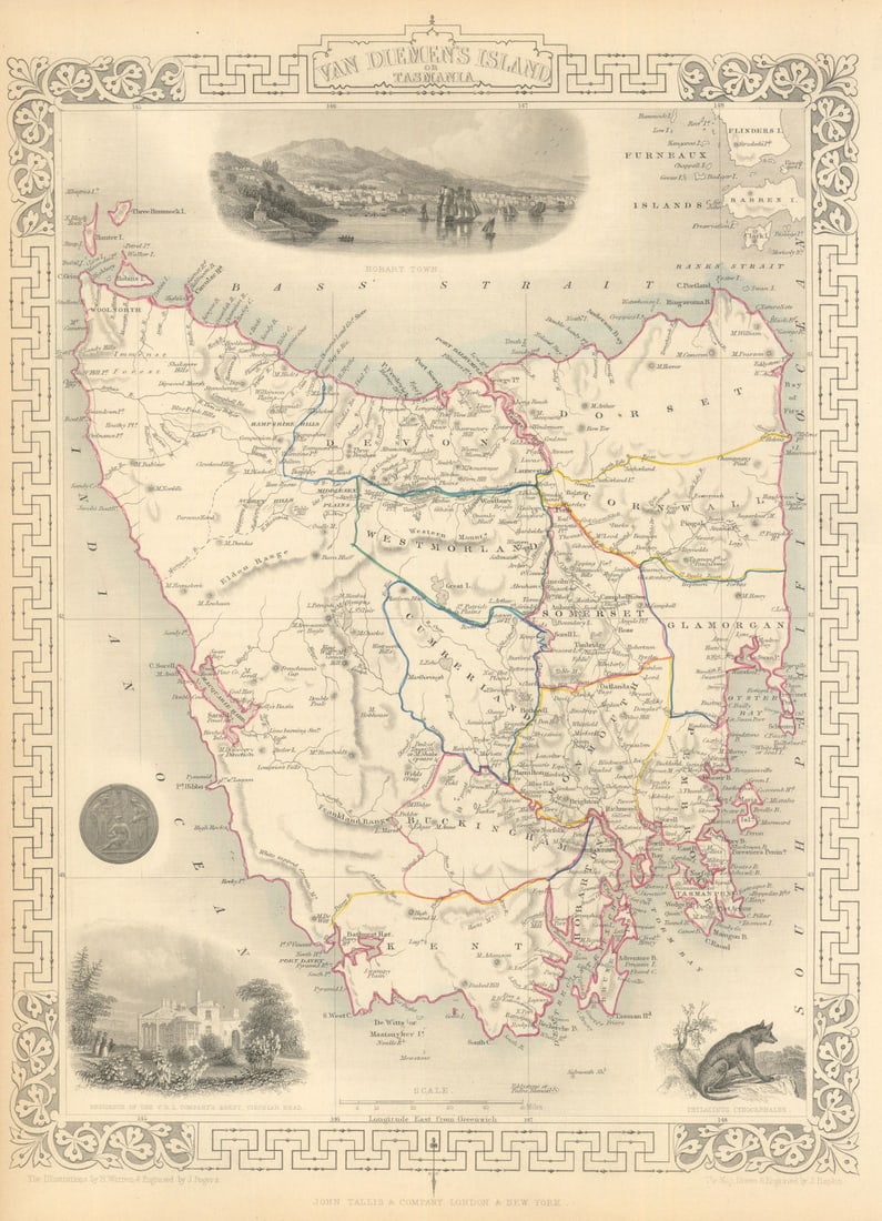 VAN DIEMEN'S ISLAND OR TASMANIA. Shows extinct Thylacine.TALLIS/RAPKIN 1851 map (1 of 1)