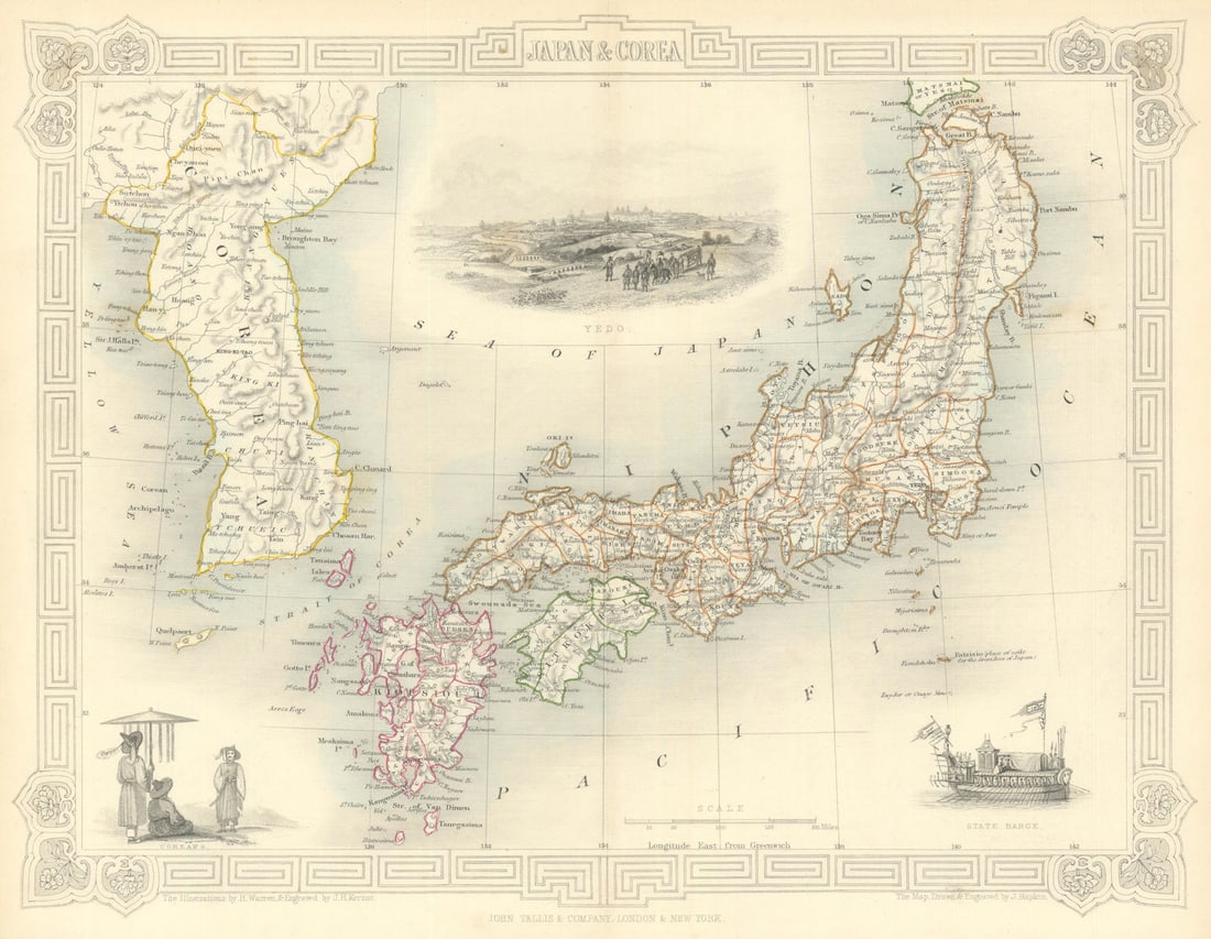 JAPAN & COREA'. Yedo (Tokyo) King-ki-Tao (Seoul). Korea.TALLIS/RAPKIN 1851 map: Japan & Corea'. Tokyo and Seoul are both marked o the map under their historic names of Yedo & King-ki-Tao respectively. Vignettes: Yedo; Coreans; State Barge. Marked on the map is Rondeholm