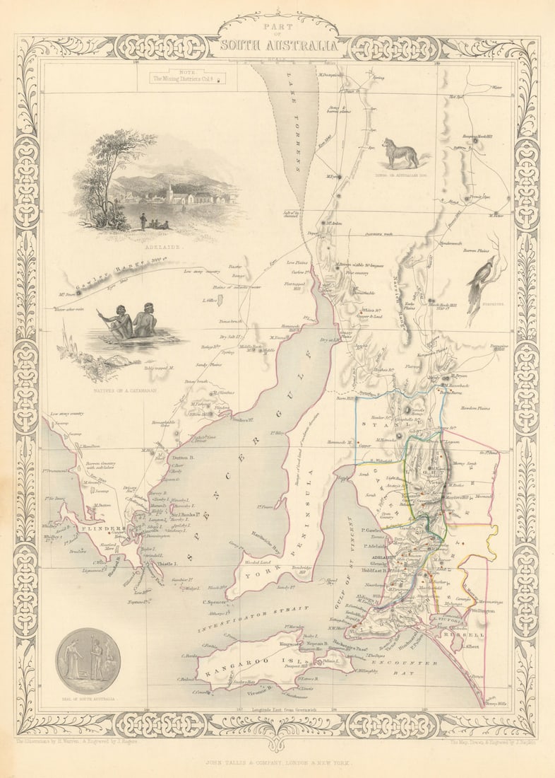 PART OF SOUTH AUSTRALIA'. Shows mining districts. TALLIS/RAPKIN 1851 old map: Part of South Australia'. Vignettes: Adelaide; Dingo, or Australian Dog; Natives on a catamaran; Seal of South Australia; Nymphicus. Shows the track of Eyre in 1840. Counties. Legend: Mining