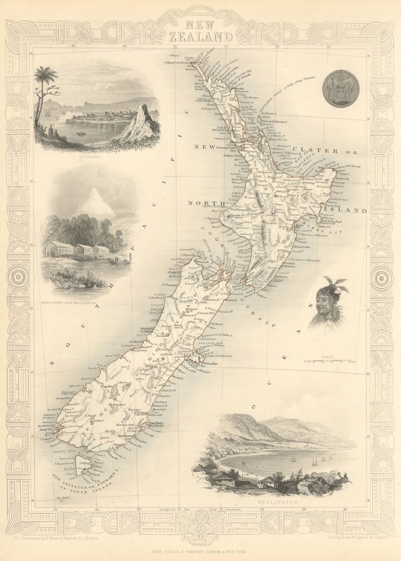 NEW ZEALAND. Shows NZ Company settlements in 1851. TALLIS/RAPKIN 1851 old map: New Zealand'. Vignettes: Auckland; Mount Egmont from New Plymouth; Wellington. North Island is indicated as "New Ulster or North Island"; the island known today as South Island is marked as "New