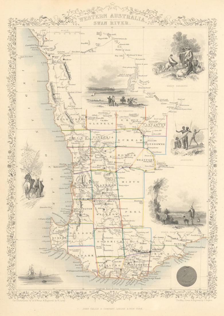 WESTERN AUSTRALIA,SWAN RIVER.Helpman Gregory Gray routes.TALLIS/RAPKIN 1851 map (1 of 1)