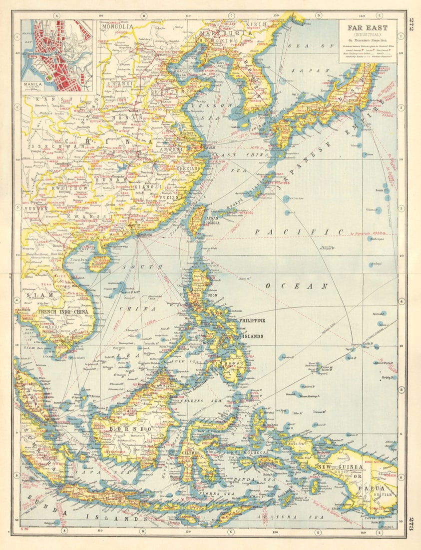 EAST ASIA INDUSTRIES. China Korea East Indies Philippines. Manila plan 1920 map: Far East (Industrial); Inset map of Manila' by Harmsworth. Published 1920. Vintage colour map. Size 34 x 45 cm | 13.5 x 17.5 inches. Condition: Good; suitable for framing. This map was originally