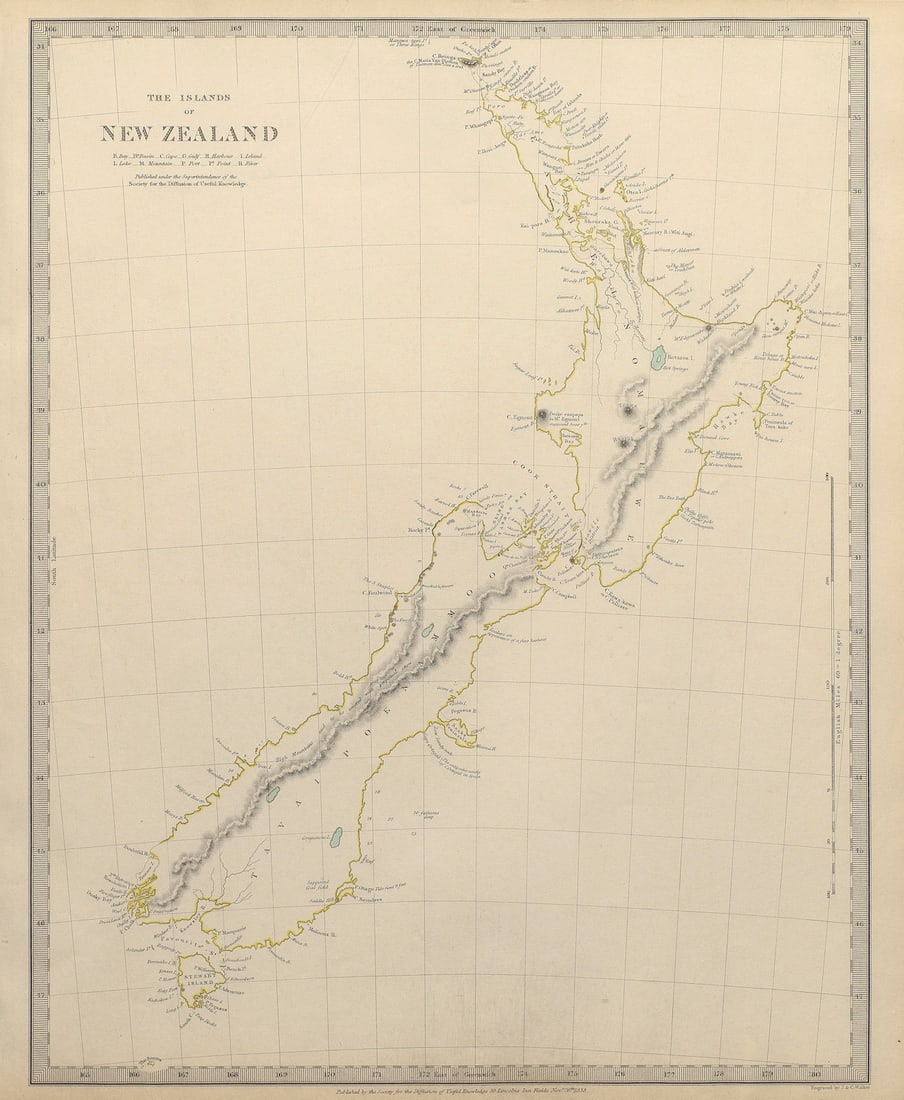 NEW ZEALAND. The Islands of. Tavai Poenammoo Eaheinomauwe. SDUK 1844 old map: THE ISLANDS OF NEW ZEALAND.' by S.D.U.K. - Society for the Diffusion of Useful Knowledge. Published 1844 - This map was originally published by The Society for the Diffusion of Useful Knowledge in
