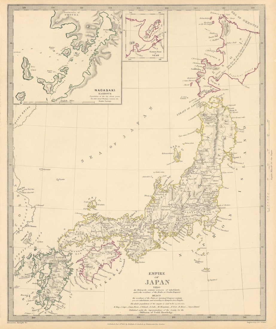 EMPIRE OF JAPAN. Inset Nagasaki Harbour; Yeso. Niphon Nippon. SDUK 1844 map: EMPIRE OF JAPAN.; inset Nagasaki harbour; Eastern part of Yeso' by S.D.U.K. - Society for the Diffusion of Useful Knowledge. Published 1844 - This map was originally published by Baldwin & Cradock in 