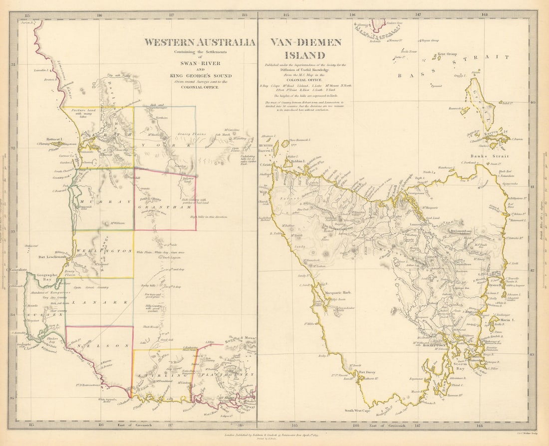 AUSTRALIA. Western Australia & Van Diemen's Land (Tasmania) . SDUK 1844 map: WESTERN AUSTRALIA, CONTAINING THE SETTLEMENTS OF SWAN-RIVER AND KING GEORGE'S SOUND. VAN DIEMEN LAND.' by S.D.U.K. - Society for the Diffusion of Useful Knowledge. Published 1844 - This map was