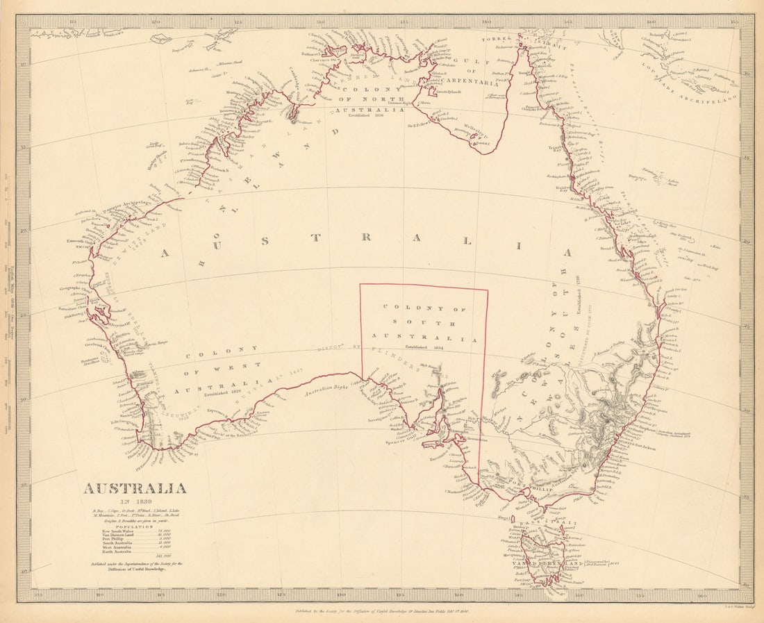 AUSTRALIA IN 1839. Shows dates colonies established. Population. SDUK 1844 map: AUSTRALIA IN 1839'. Parts of the coastline are still incomplete, not having yet been charted in 1839. Dates of discovery and the names of the explorers who discovered the different parts of the
