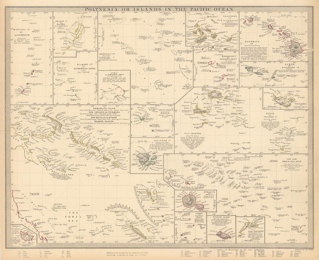 PACIFIC ISLANDS. Polynesia Hawaii Samoa Fiji Tonga Tahiti Cook. SDUK 1844 map: POLYNESIA, OR ISLANDS IN THE PACIFIC.Mariana or Ladrones, Pelew Islands. or Palaos, Gilbert Islands. or Scarborough Range, Marshall Islands, Otdia or Romanzoff Group, Galapagos Islands, Marquesas
