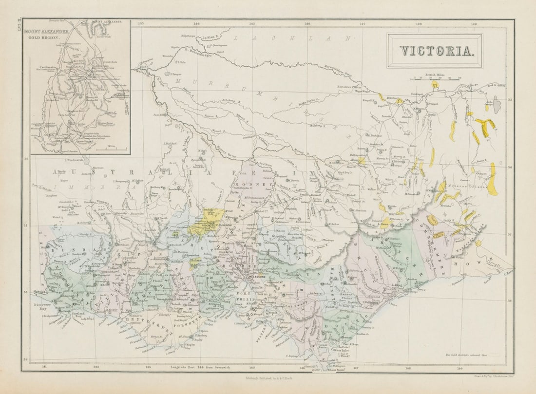 Victoria, Australia. Gold rush districts & Mount Alexander gold region 1856 map: Victoria [inset: Mount Alexander gold region]. John Bartholomew. Published 1856. Antique atlas map with original hand colouring / coloring. Size 30 x 41 cm | 12.0 x 16.0 inches. Condition: Good;
