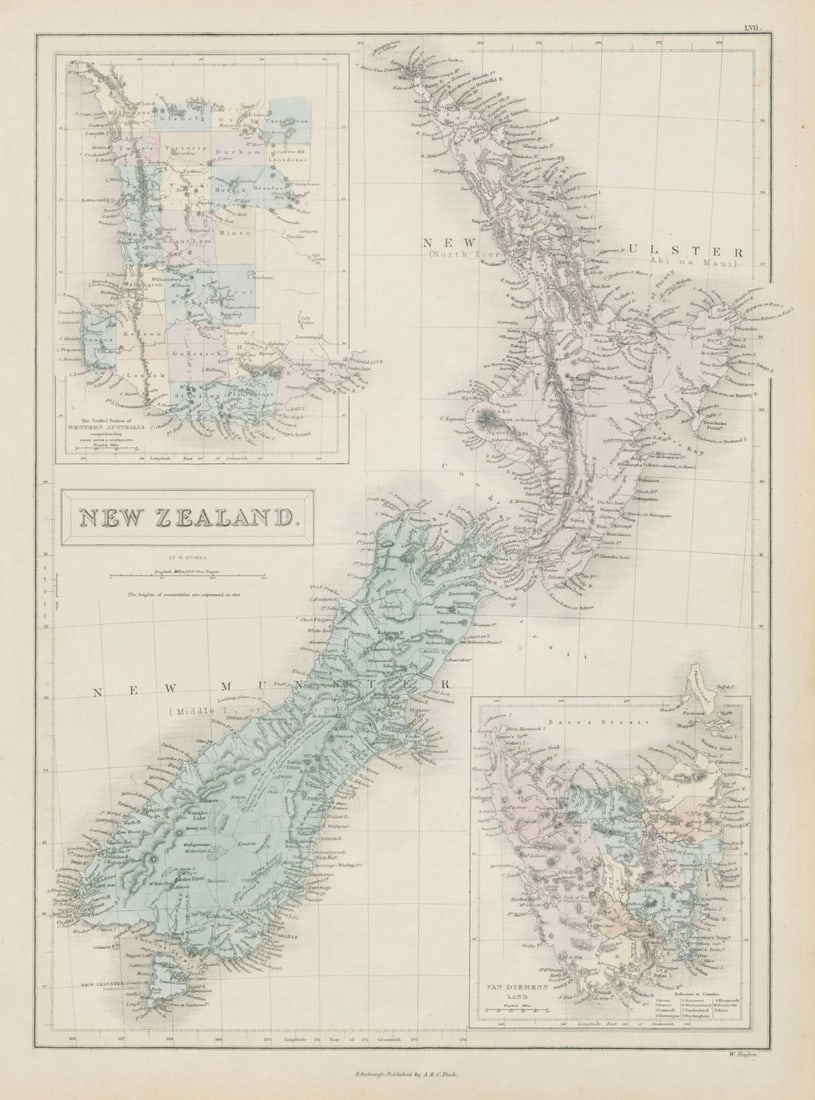 New Zealand "New Ulster" & "New Munster" (North & South I). HUGHES 1856 map: New Zealand [inset: the settled portion of Western Australia, Van Diemens Land]. William Hughes. Published 1856. Antique atlas map with original hand colouring / coloring. Size 42 x 31 cm | 16.5 x