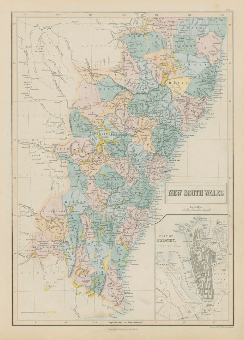 New South Wales showing gold rush districts. Inset Sydney city plan 1856 map: New South Wales [inset: plan of Sydney]. John Bartholomew. Published 1856. Antique atlas map with original hand colouring / coloring. Size 41 x 30 cm | 16.0 x 11.5 inches. Condition: Good; suitable