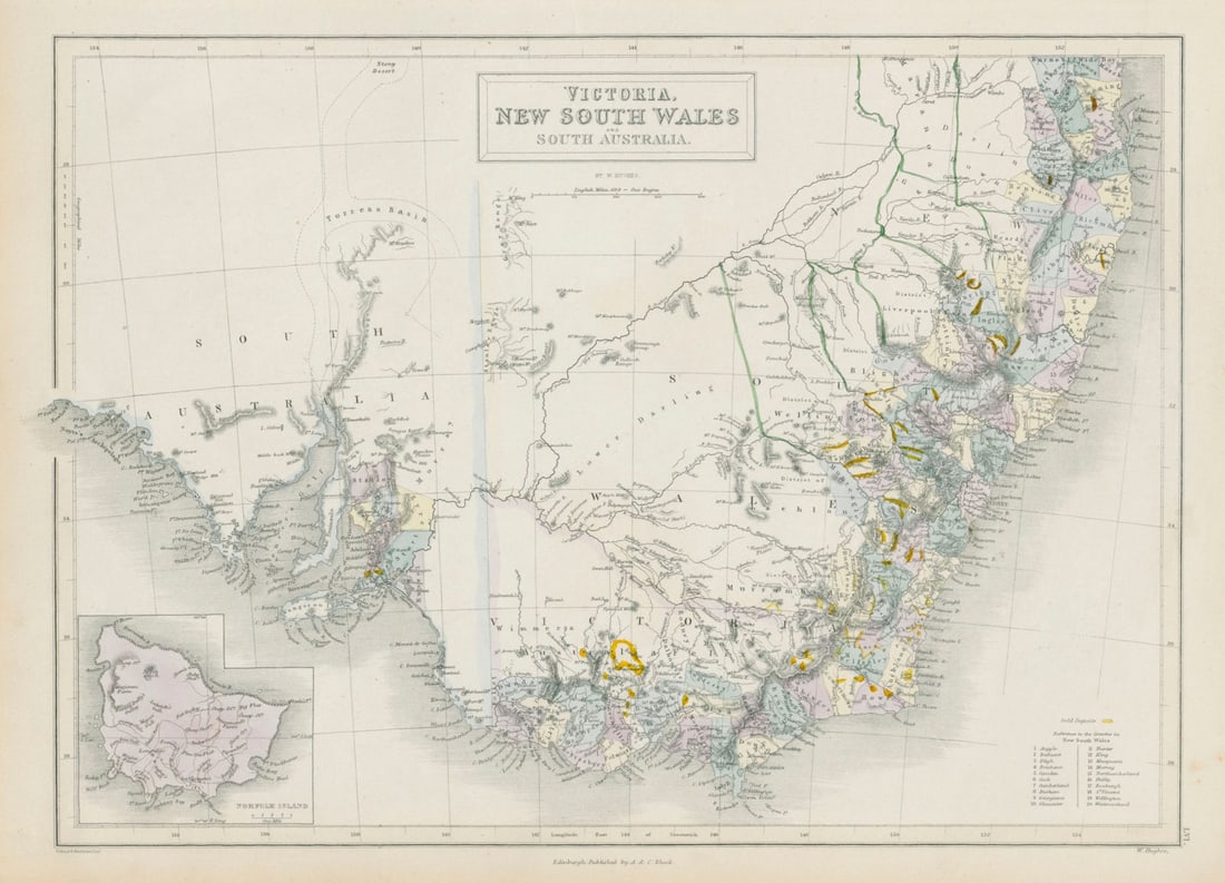 Victoria, New South Wales & South Australia Goldfields. Norfolk Island 1856 map: Victoria, New South Wales and South Australia [inset: Norfolk Island]. William Hughes. Published 1856. Antique atlas map with original hand colouring / coloring. Size 30 x 42 cm | 12.0 x 16.5 inches.