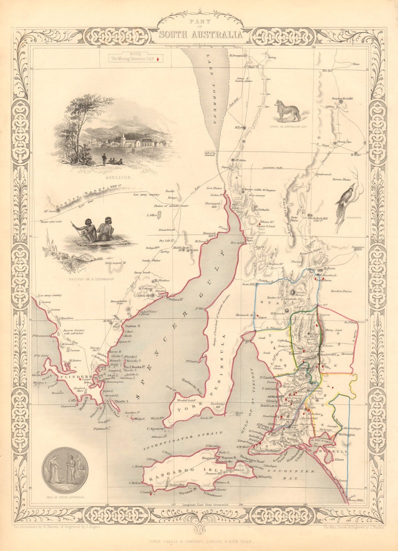PART OF SOUTH AUSTRALIA. Shows mining districts. TALLIS & RAPKIN 1851 old map: Part of South Australia'. Vignettes: Adelaide; Dingo, or Australian Dog; Natives on a catamaran; Seal of South Australia; Nymphicus. Shows the track of Eyre in 1840. Counties. Legend: Mining