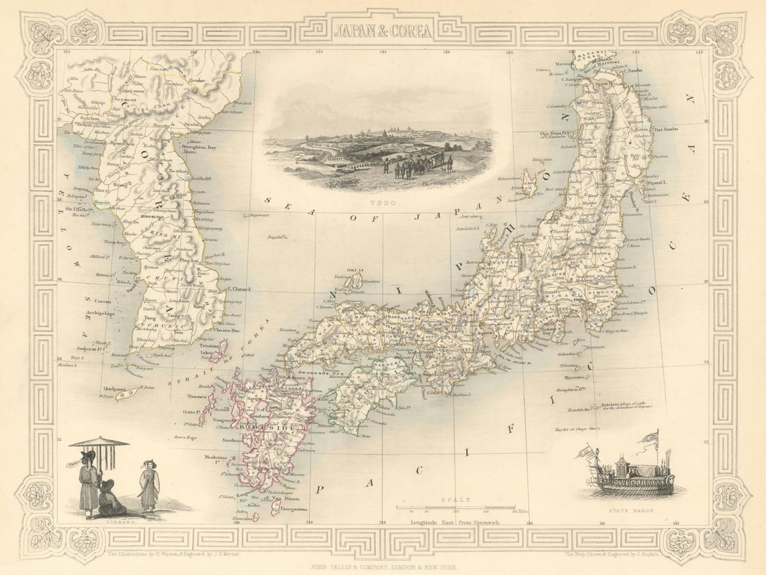 JAPAN & COREA. Yedo (Tokyo) King-ki-Tao (Seoul). Korea. TALLIS & RAPKIN 1851 map: Japan & Corea'. Tokyo and Seoul are both marked o the map under their historic names of Yedo & King-ki-Tao respectively. Vignettes: Yedo; Coreans; State Barge. Marked on the map is Rondeholm