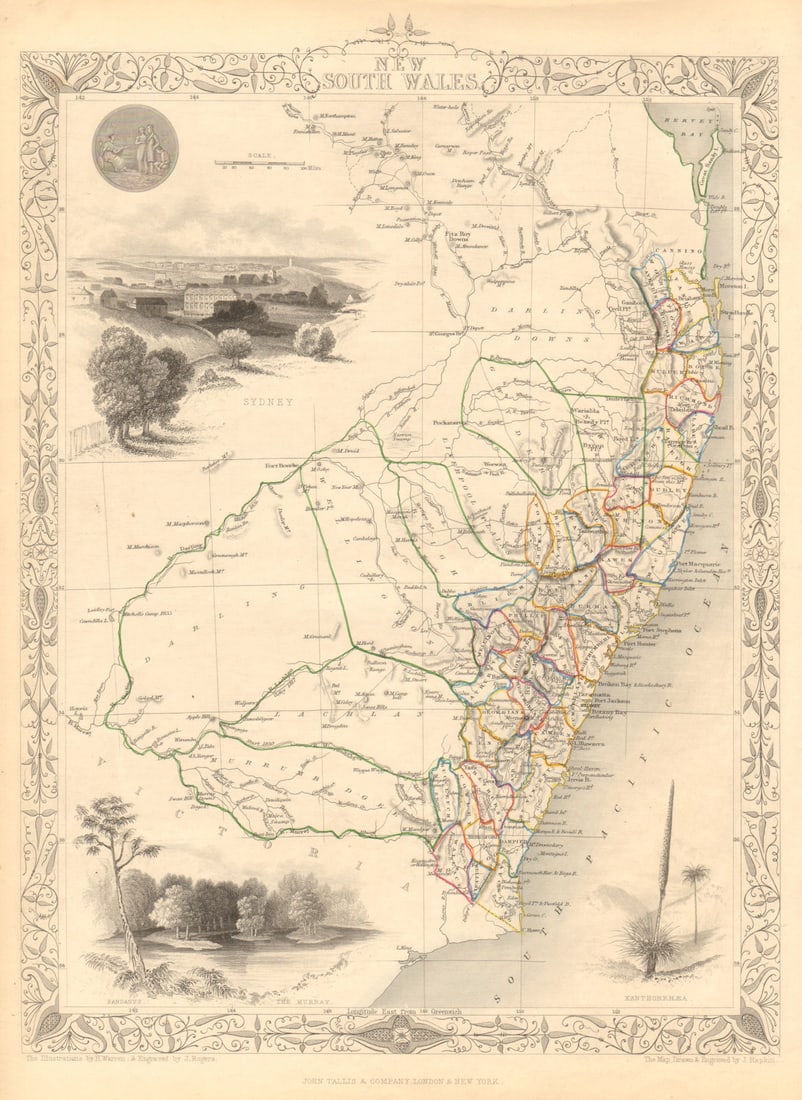 NEW SOUTH WALES. w/ Mitchell/Leichhardt explorers routes. RAPKIN/TALLIS 1851 map (1 of 1)