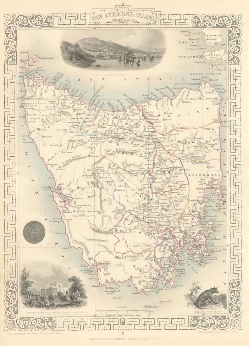 VAN DIEMEN'S ISLAND OR TASMANIA. Shows extinct Thylacine. RAPKIN/TALLIS 1851 map (1 of 1)