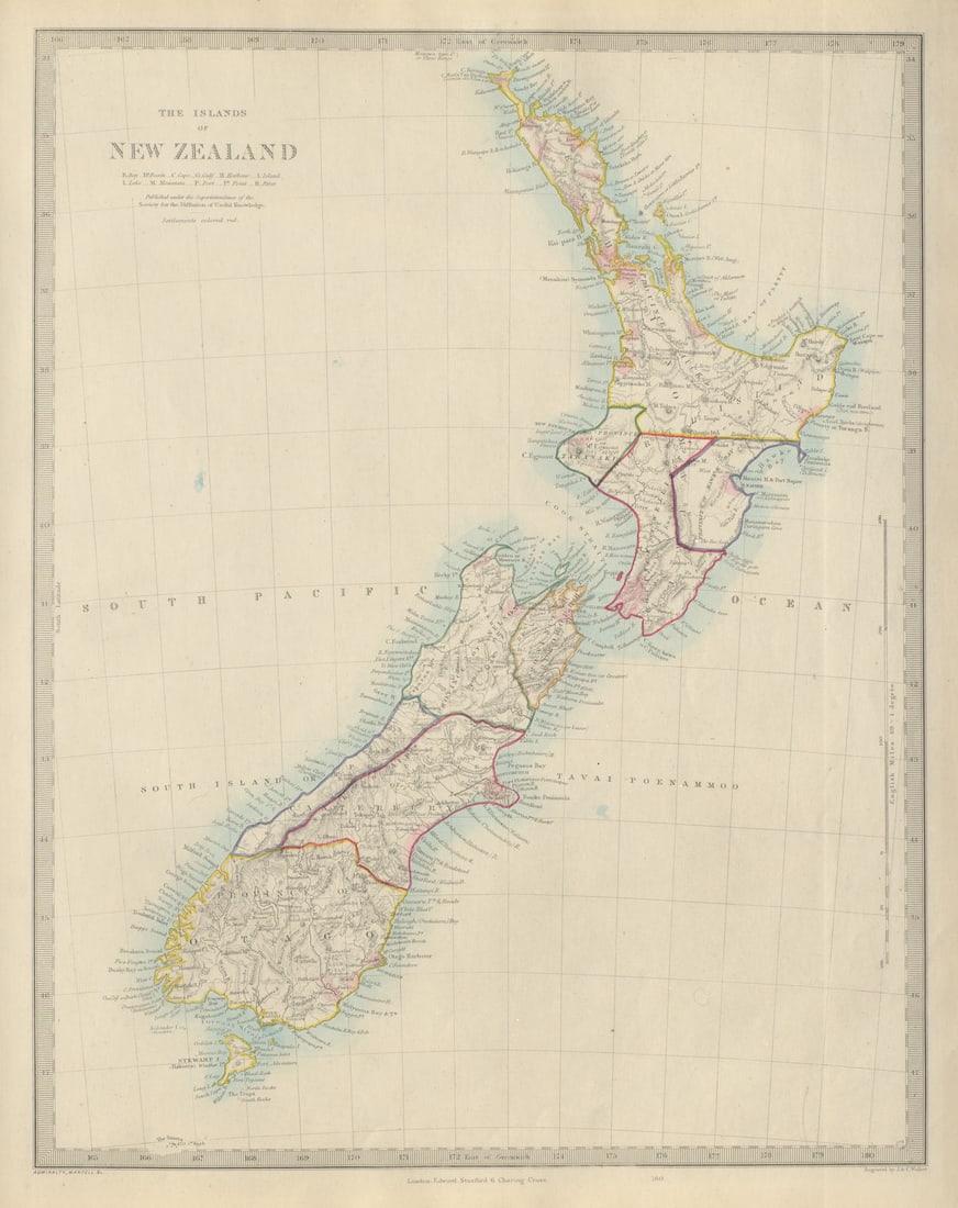 NEW ZEALAND provinces inc. Westland. Tavai Poenammoo Eaheinomauwe. SDUK 1874 map: THE ISLANDS OF NEW ZEALAND.'. The map shows the provinces of New Zealand including the short lived province of Westland which had been formed in 1873; New Zealand's provinces were dissolved two years