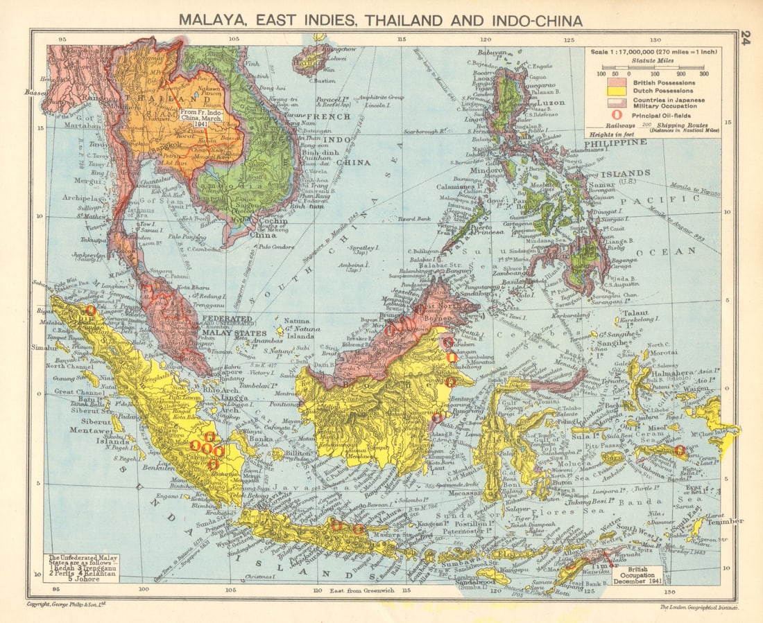 WORLD WAR 2 Japanese occupied Philippines Malaya Indochina Thailand 1942 map: Malaya, East Indies, Thailand and Indo-China'. George Philip & Son. Published 1942. Vintage colour map. Size 23 x 28 cm | 9.0 x 11.0 inches. Condition: Good; suitable for framing. The image shown may