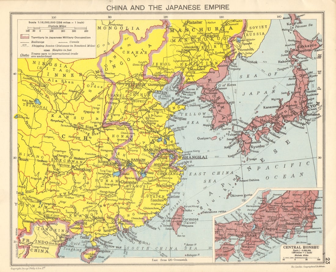 WORLD WAR 2 Japanese occupied China, Korea, Taiwan, Hong Kong 1942 old map: China and the Japanese Empire'. George Philip & Son. Published 1942. Vintage colour map. Size 23 x 28 cm | 9.0 x 11.0 inches. Condition: Good; suitable for framing. The image shown may have been