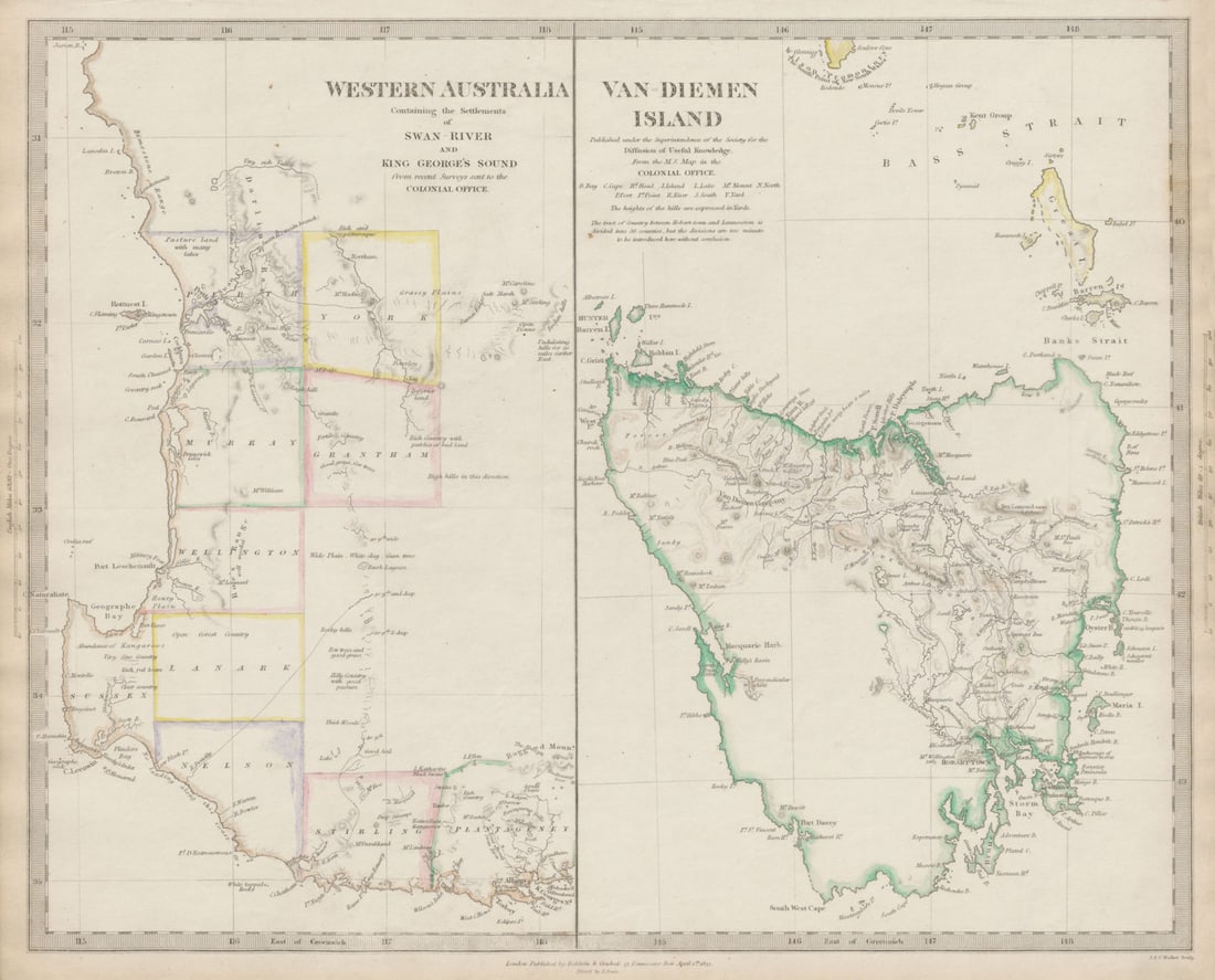 AUSTRALIA. Western Australia & Van Diemen's Land (Tasmania). SDUK 1844 old map: WESTERN AUSTRALIA, CONTAINING THE SETTLEMENTS OF SWAN-RIVER AND KING GEORGE'S SOUND. VAN DIEMEN LAND.' by S.D.U.K. - Society for the Diffusion of Useful Knowledge. Published 1844 - This map was