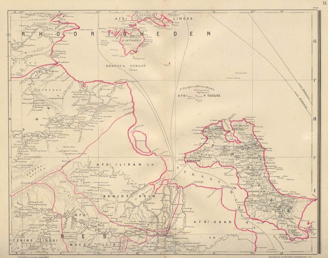 DUTCH EAST INDIES SUMATRA Bangka Palembang Jambi Lingga DORNSEIFFEN 1902 map: [Sumatra Bl 9 - South East, Bangka, Palembang, Jambi, Lingga archipelago]. Dr. I. Dornseiffen. Published 1902. Antique lithographic colour map. Size 38 x 48 cm | 15.0 x 18.5 inches. Condition: Good; s