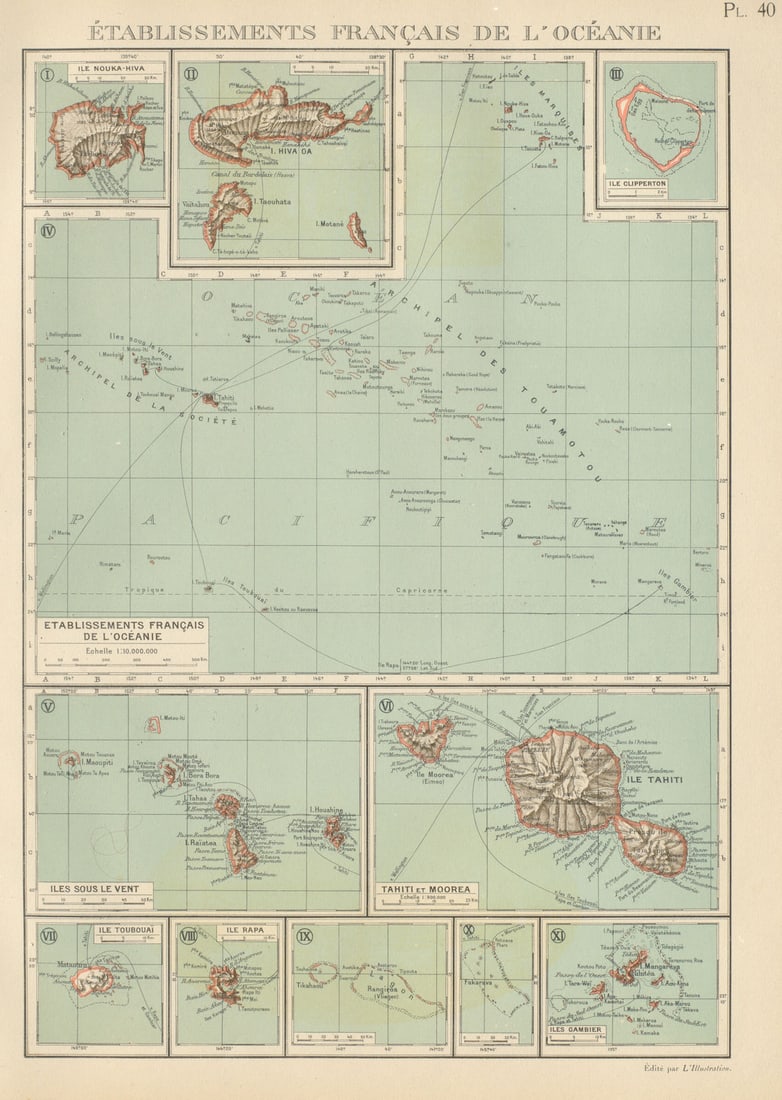 FRENCH POLYNESIA. Polynésie française. Tahiti Moorea Nuka Hiva Oa 1931 old map (1 of 1)