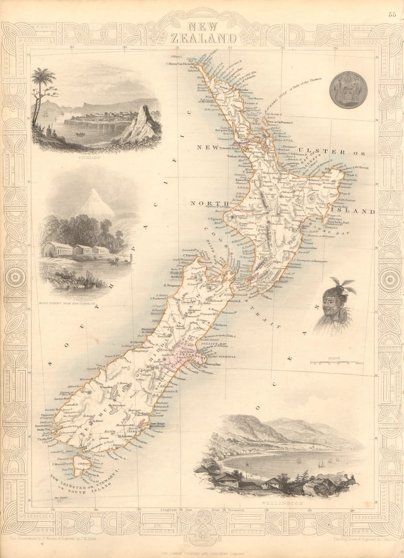 NEW ZEALAND showing NZ Company settlements in 1851. TALLIS & RAPKIN 1851 map: New Zealand'. Vignettes: Auckland; Mount Egmont from New Plymouth; Wellington. North Island is indicated as "New Ulster or North Island"; the island known today as South Island is marked as "New Munst