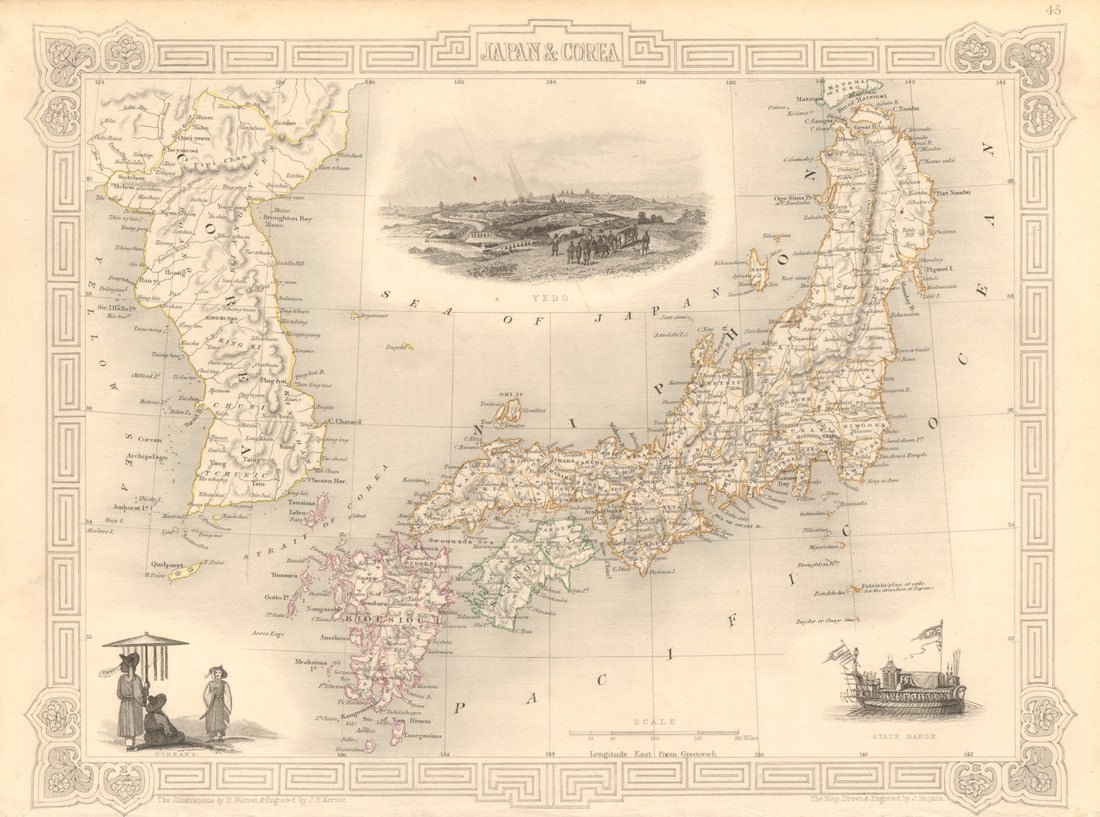JAPAN & COREA /Korea. Yedo (Tokyo) King-ki-Tao (Seoul). TALLIS & RAPKIN 1851 map: Japan & Corea'. Tokyo and Seoul are both marked o the map under their historic names of Yedo & King-ki-Tao respectively. Vignettes: Yedo; Coreans; State Barge. Marked on the map is Rondeholm