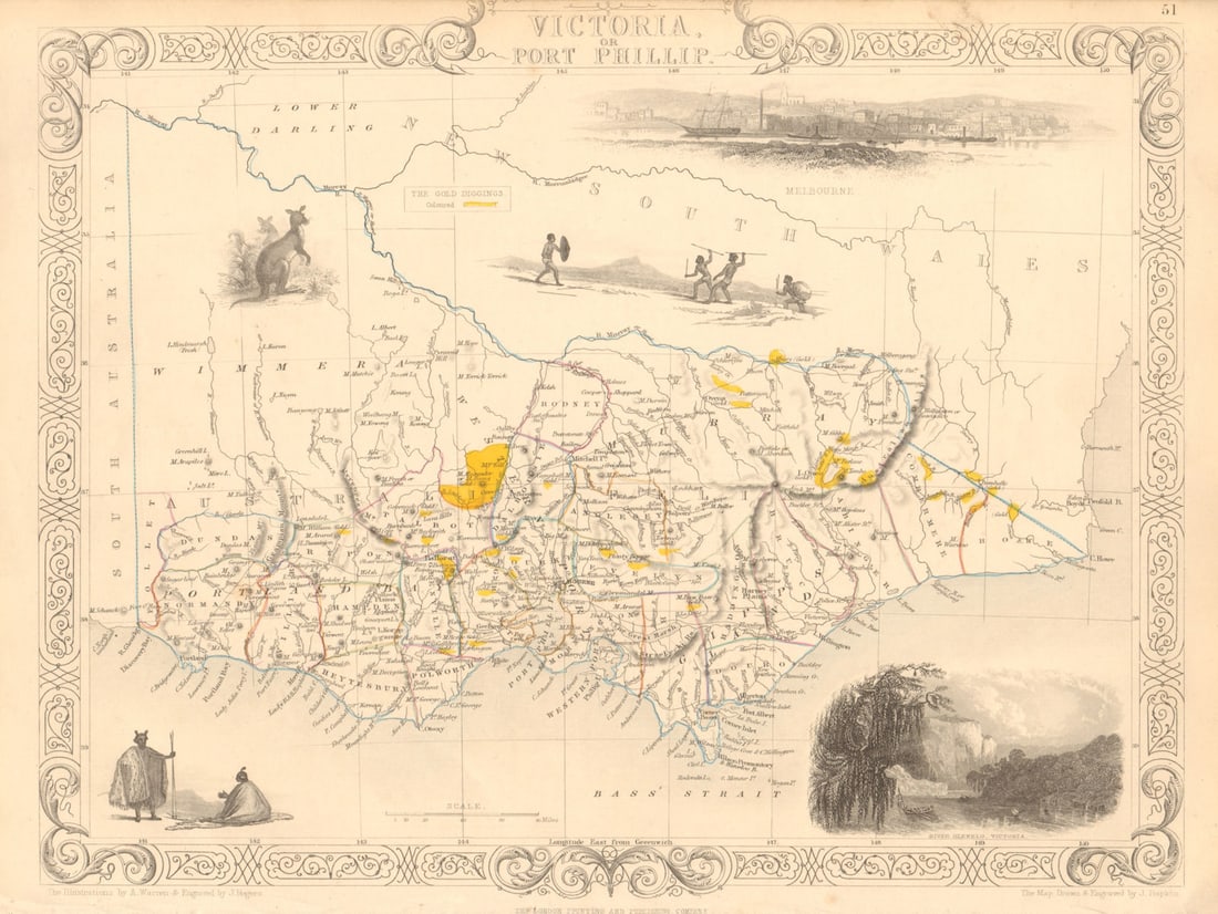 VICTORIA OR PORT PHILIP Goldfields Melbourne Australia. TALLIS & RAPKIN 1851 map: Victoria or Port Philip'. Vignettes: Melbourne; River Glenelg, Victoria; Kangaroo; Aborigines. Counties are shown. Gold rush diggings / goldfields are coloured yellow. . Map drawn and engraved by J.