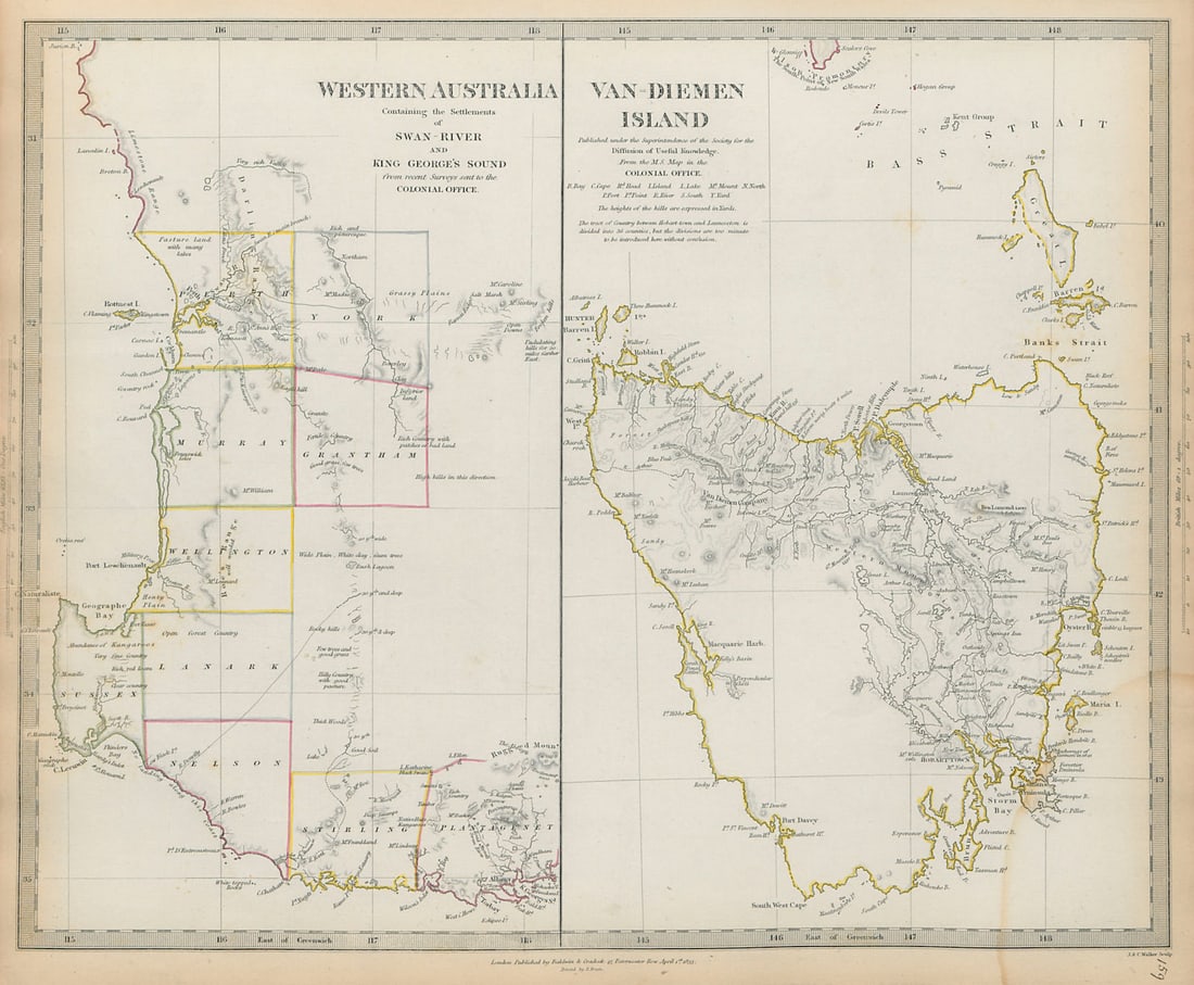 WESTERN AUSTRALIA & Van Diemen's Land (Tasmania). SDUK 1844 old antique map: WESTERN AUSTRALIA, CONTAINING THE SETTLEMENTS OF SWAN-RIVER AND KING GEORGE'S SOUND. VAN DIEMEN LAND.' by S.D.U.K. - Society for the Diffusion of Useful Knowledge. Published 1844 - This map was