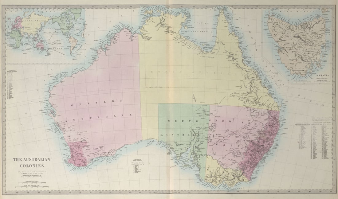 AUSTRALIAN COLONIES w/ counties. Predates Queensland (Est. 1859). SDUK 1857 map: THE AUSTRALIAN COLONIES. Inset Tasmania & The World' by S.D.U.K. - Society for the Diffusion of Useful Knowledge. Published 1857. Antique steel engraved map with original hand colouring. Size 43