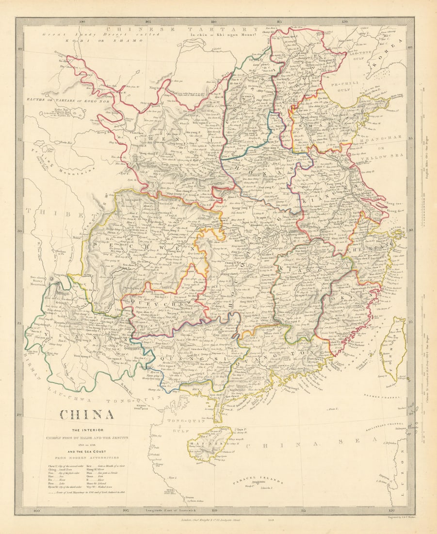 CHINA from du Halde and the Jesuits. McCartney. Formosa Taiwan. SDUK 1851 map: CHINA. THE INTERIOR CHIEFLY FROM DU HALDE AND THE JESUITS 1710-1718, AND THE SEA COAST FROM MODERN AUTHORITIES'. The routes travelled by Lord Macartney (1793) and Lord Amherst (1816) are shown .