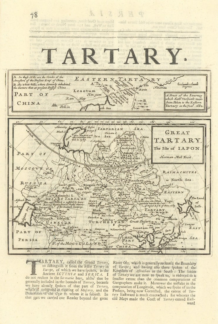 Great Tartary, the Isle of Iapon by Herman Moll. Central Asia & Japan 1709 map: Great Tartary, the Isle of Iapon // A tract of the journey which Father Verbiest made from Pekin to the Eastern Tartary in the year 1682' by Moll, Herman. Published 1709. Antique copperplate map.