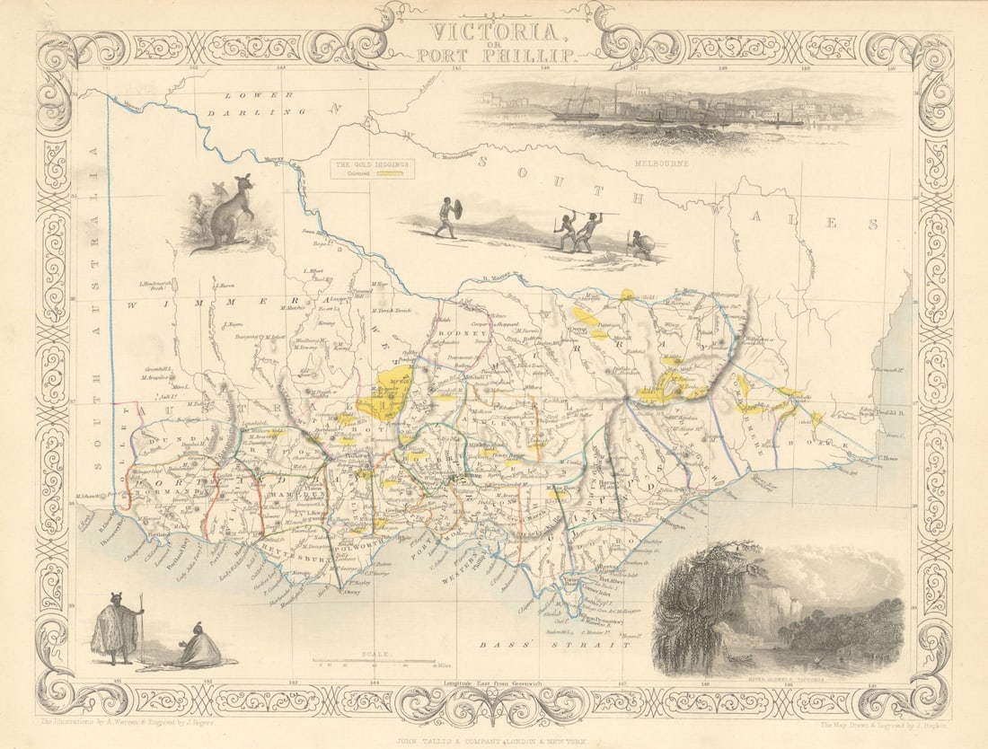 VICTORIA OR PORT PHILIP Goldfields Melbourne Australia. TALLIS & RAPKIN 1851 map: Victoria or Port Philip'. Vignettes: Melbourne; River Glenelg, Victoria; Kangaroo; Aborigines. Counties are shown. Gold rush diggings / goldfields are coloured yellow. . Map drawn and engraved by J.