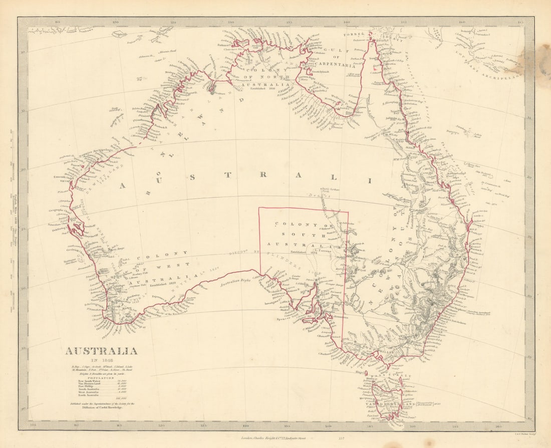 AUSTRALIA IN 1846. Shows dates colonies established. Population. SDUK 1851 map: AUSTRALIA IN 1846'. Small parts of the coastline are still incomplete, not having yet been charted in 1846. Dates of discovery and the names of the explorers who discovered the different parts of the