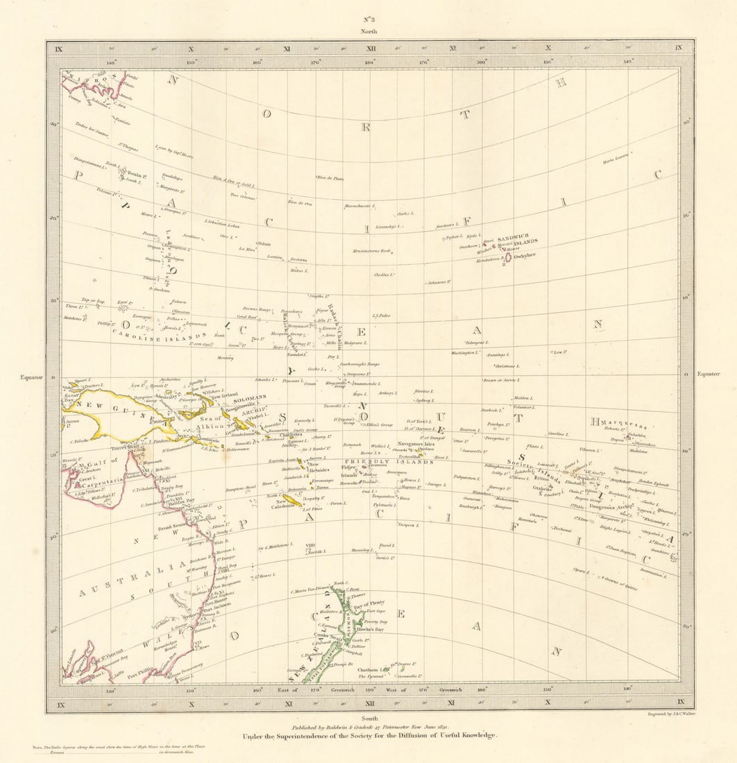 AUSTRALASIA POLYNESIA PACIFIC OCEAN. On Gnomonic Projection. SDUK 1844 old map: WORLD ON GNOMONIC PROJECTION, III., Polynesia' by S.D.U.K. - Society for the Diffusion of Useful Knowledge. Published 1844 - This map was originally published by Baldwin & Cradock in 1831; this date
