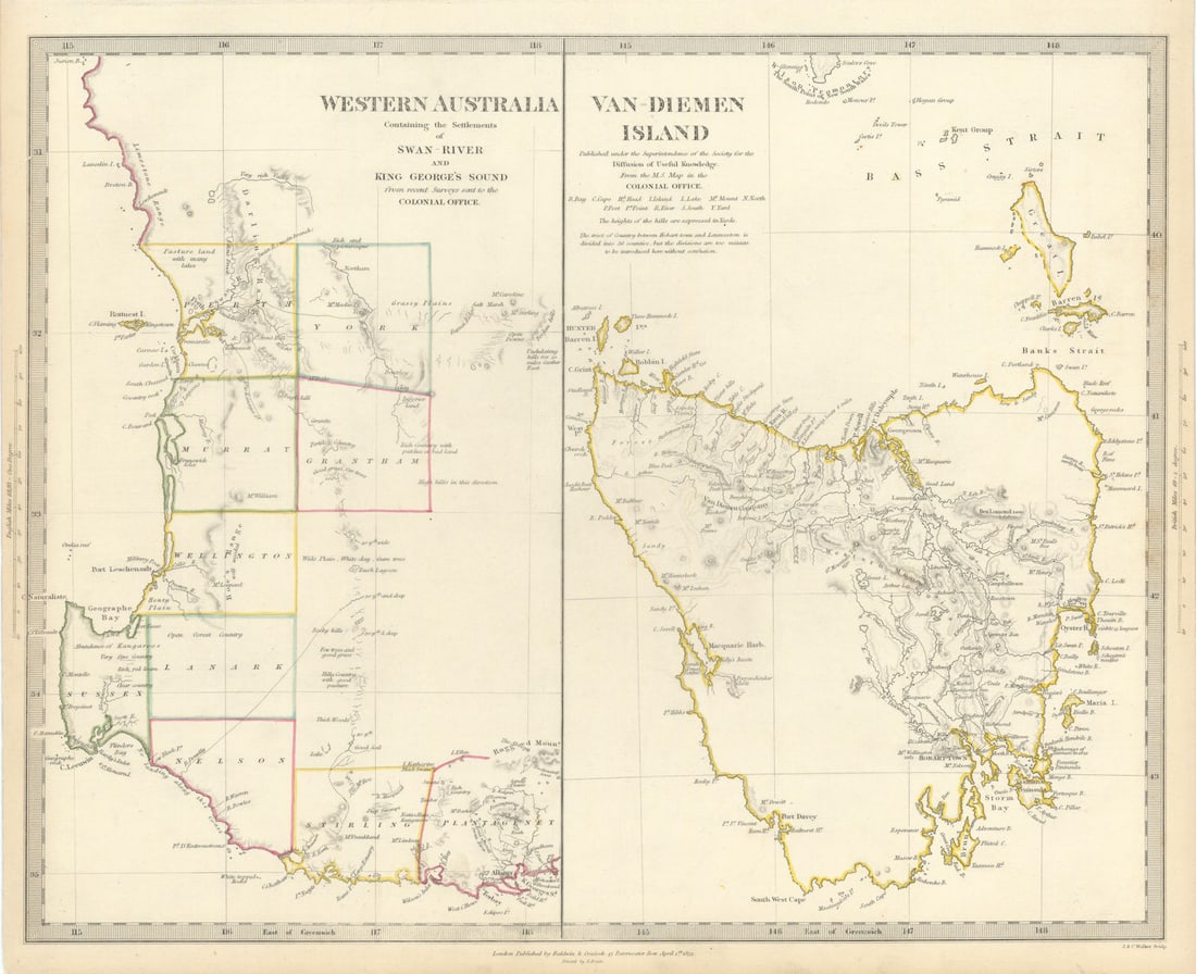AUSTRALIA. Western Australia & Van Diemen's Land (Tasmania) . SDUK 1844 map: WESTERN AUSTRALIA, CONTAINING THE SETTLEMENTS OF SWAN-RIVER AND KING GEORGE'S SOUND. VAN DIEMEN LAND.' by S.D.U.K. - Society for the Diffusion of Useful Knowledge. Published 1844 - This map was