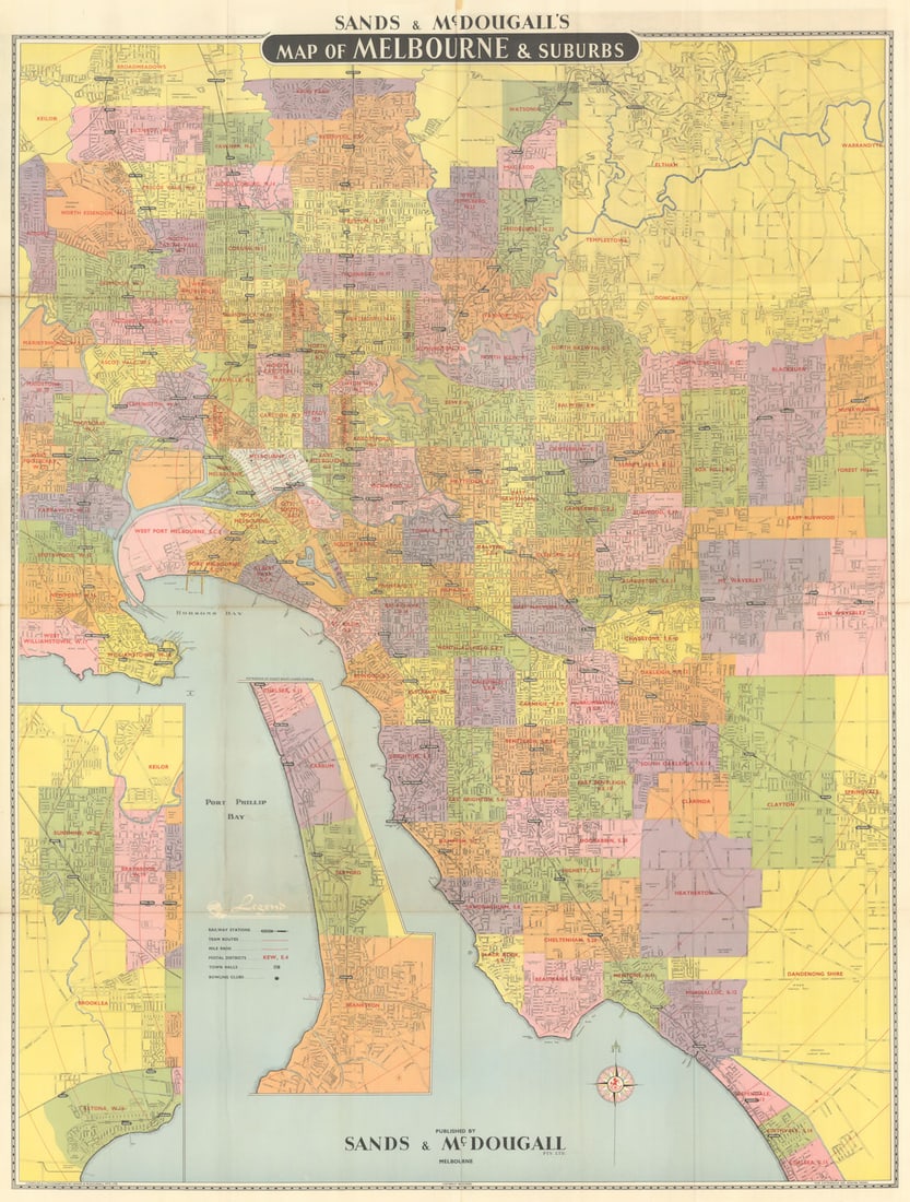 Map of Melbourne and Suburbs by Sands & McDougall. 114x86cm 1959 old: Sands & McDougall's Map of Melbourne & Suburbs'. The map is undated, however Jacan station is marked (opened 15 February 1959), while neither Leawarra (opened 1 March 1959) nor Patterson