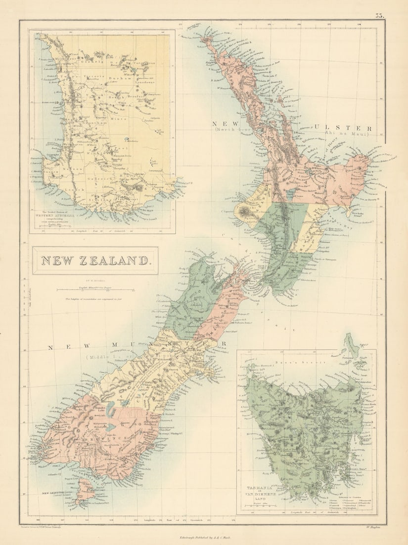 New Zealand. New Ulster & New Munster. North & South Islands. HUGHES 1862 map: New Zealand // The settled portion of Western Australia comprehending Swan River & Australind // Tasmania or Van Diemens Land' by Hughes, William. Published 1862. Antique coloured atlas map. Size